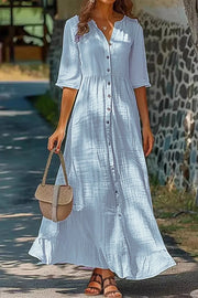 Cotton Half-Sleeve Loose Button-Front Dress