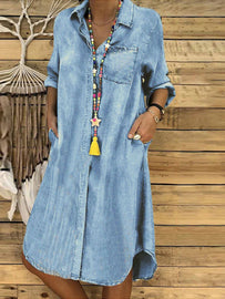 Casual Long-Sleeve Collared Midi Shirt Dress